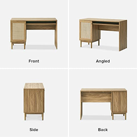 mopio Haylee Farmhouse Rattan Study Desk with Adjustable Shelf Storage Space mopio