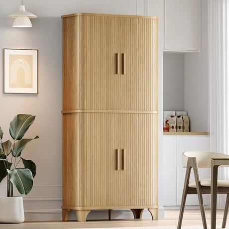 Decofy 69" Tall Kitchen Pantry Storage Cabinet with Sliding Door, Modern Curved Edge Pantry Storage Cabinet with 5 Shelves, Cupboard for The Kitchen, Dining Room, Bedroom, Living Room, Office (Oak) Decofy