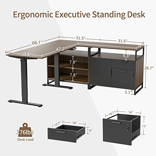 FEZIBO 66 Inch L Shaped Standing Desk with Drawers & Shelves, Executive Table Adjustable Height, Black Walnut Top/Black Frame FEZIBO