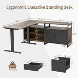 FEZIBO 66 Inch L Shaped Standing Desk with Drawers & Shelves, Executive Table Adjustable Height, Black Walnut Top/Black Frame FEZIBO
