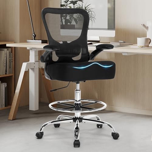 500LBS Ergonomic Drafting Chair Tall Office Chair for Counter Height or Standing Desk, Executive High Office Chairs with W-Shaped Thick Seat Cushion, Footrest Ring & Breathable Fabric, Black Sofetura