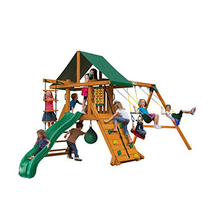 Gorilla Playsets 01-1059-AP High Point Wood Swing Set with Green Vinyl Canopy, Two Swings, Rock Climbing Wall, Slide, Amber - WoodArtSupply