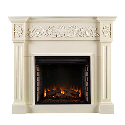 SEI Furniture Calvert Electric Carved Floral Trim Fireplace, 44.5" W x 14.5" D x 40.25" H, Ivory