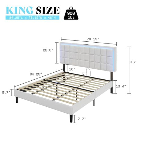 AMERLIFE King Size Upholstered Bed Frame with LED Lights, Soft Fabric/Button Tufted Platform Bed with Charging Station/Wood Slat Support/Noise Free, White AMERLIFE