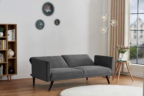 Container Furniture Direct 72" Retro Velvet Sofa Bed - Vintage Modern Convertible Futon w/Reclining Backrest - Velvet Upholstery on Solid Wood Frame (72" L x 34.6" W x 30.23" H), Grey Container Furniture Direct
