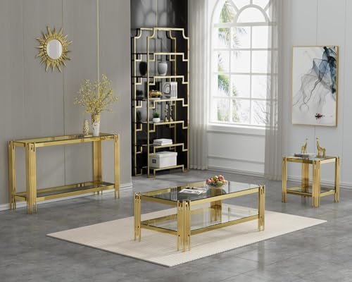 55 Inch Modern Luxury Console Table Clear Glass Sofa Table w/Gold Stainless Steel Pipe Frame, 2-Layer Narrow Table Accent Table for Living Room, Home Entayway Table Foyer Table for Entrance Hallway Henf