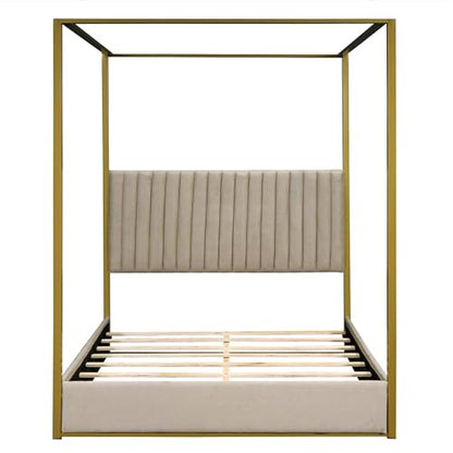 CABSETT Queen Size Upholstery Platform Bed with Wood Slat Support, Linen Canopy Bed with Headboard and Metal Frame, No Box Spring Needed, Beige