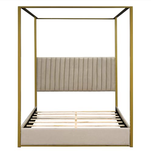 DEYOBED Queen Size Canopy Bed, Upholstered Platform Bed Frame Queen Size with Channel Tufted Headboard and Metal Frame, 4-Poster Canopied Design, Easy Assembly, Beige