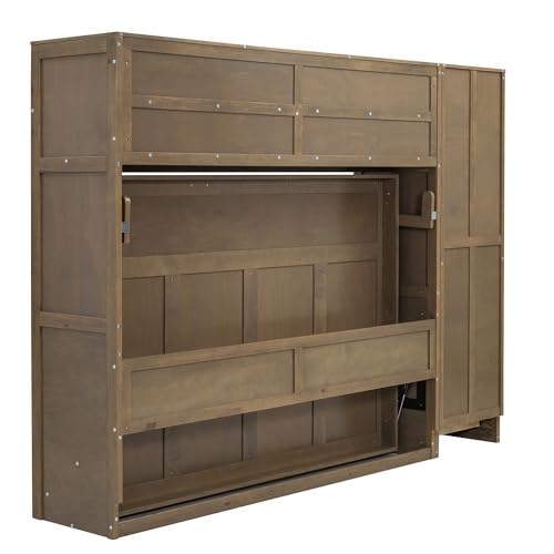 Harper & Bright Designs Full Size Murphy Bed with Wardrobe, Drawers and Open Shelves, Wooden Full Platform Bed, Hidden Foldable Bed Frame, Wall Bed for Home Office or Small Room,Antique Wood Harper & Bright Designs