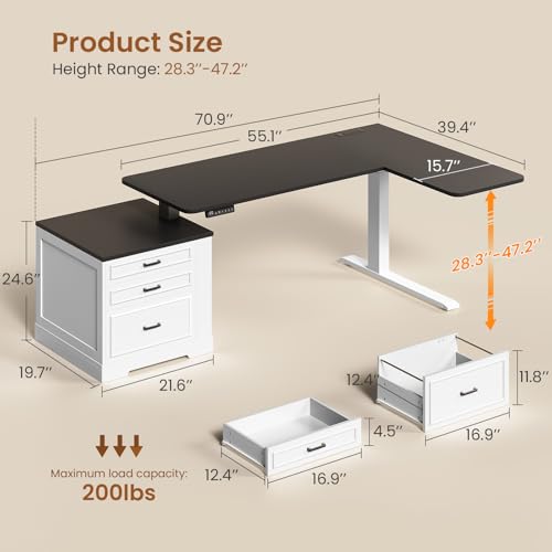 SEDETA Farmhouse L Shaped Electric Standing Desk, 70.9" x 39.4" Height Adjustable Office Executive Desk with 3 Drawers, Standing Computer Desks with Power Outlet for Home Office, White SEDETA