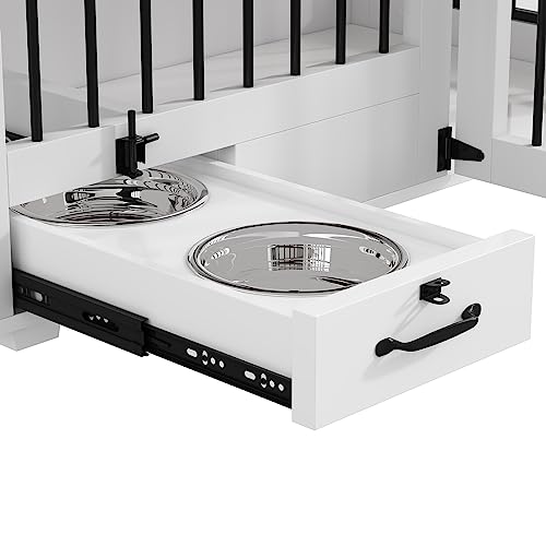 DAWNSPACES Furniture Style Large Dog Crate for 2 Dogs, 86.6" Heavy Duty Wooden Dog Kennel with Dog Bowl Drawers & Divider, Indoor Furniture Style Dog Kennel for Large Medium Dogs, White DAWNSPACES