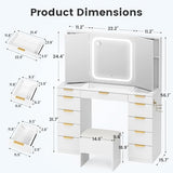 Fkhouse Glass Top Vanity Desk with Foldable Mirror and Lights, 11 Drawers Makeup Vanity with Charging Station, 3 Lighting Modes Dressing Table with Chair, White Fkhouse