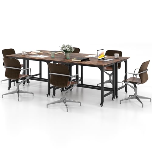 Giantex 8FT Conference Table, 4 PCS 48" Rectangular Mobile Meeting Room Desk with Removable Storage Bag & 2 Hanging Hooks, Rolling Modern Seminar Table for Office Conference Room, Rustic Brown Giantex