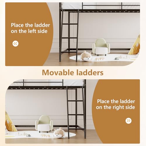 JOYMOR Low Loft Bed with Inclined Ladder, Metal Twin Size Bed Frame with 15” High Guardrail for Boys Girls, Junior, Space Saving, Mattress Not Included (Black) JOYMOR