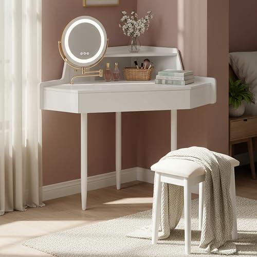 Merax Corner Vanity Desk with Mirror and Lights and Stool, White Makeup Vanity with Storage & Adjustable Light, Girl Glass Top Dressing Table with Small Sliding Glass Door, Drawer and Display Shelf Merax