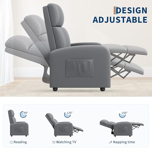 Garvee Recliner Chair for Adults, Leather Lazy Recliner Ergonomic Adjustable Single Sofa Enhanced with Side Pocket, Tall Back, Wide Arms & Padded Seat, Home Theater Seating for Living Room, Grey