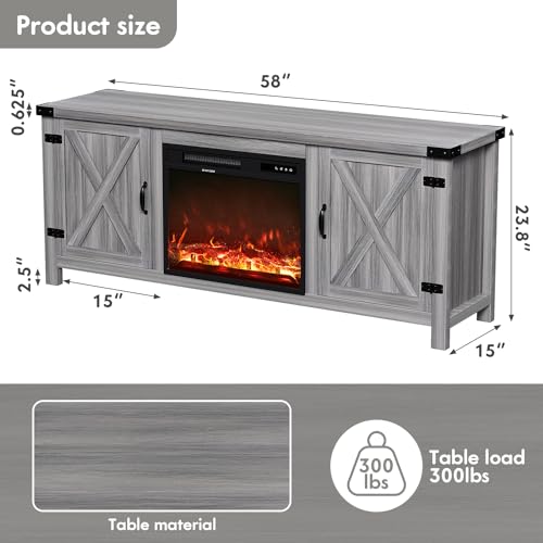 YESHOMY Fireplace TV Stand with Two Barn Doors and Storage Cabinets for Televisions up to 65+ Inch, Entertainment Center Console Table, Media Furniture for Living Room, 58 Inch, Gray Wash