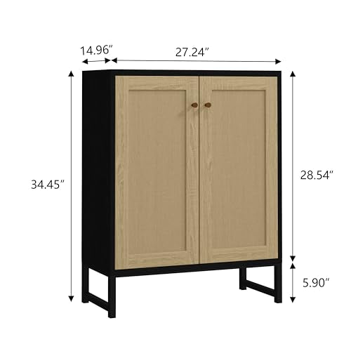 Panana Rattan Decorated 2 Doors Storage Cabinet Accent Cabinet Living Room Cupboard Kitchen Sideboard Buffet Table (Black Cabinet) Panana
