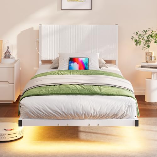 Twin Floating Bed Frame with Headboard,Twin Size Floating Bed Frame with LED Lights & USB Charging Station,Metal Platform Bed with Strong Slats Support,No Box Spring Needed,Easy Assembly,White JUISSANO