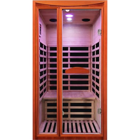 Sauna, Far Infrared Saunas for Home Room 1550W/110V Indoor Sauna for Single Person Okoume Wood Sauna Spacious 1 - 2 Person Low EMF Dry Sauna with Speakers/Air Hole and Color Lighting 39.4*35.4*74.8 IN HOSAUNA