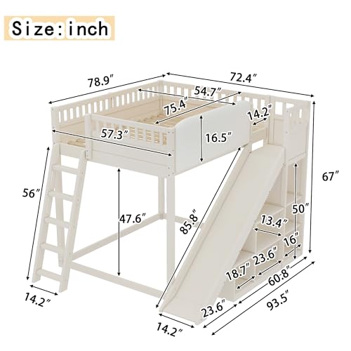 Bellemave Bunk beds Full Over Full with Slide and Stair and upholstered headboard, Low bunk/loft Bed for Kids，Beige Bellemave
