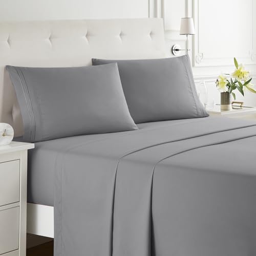 Clara Clark Bed Sheets, Premier 1800 Series Bed Sheet Set, Deep Pocket, Wrinkle, Fade, Stain Resistant, Luxury Soft Bedding Sheets & Pillowcases, Queen, Frost Grey Clara Clark