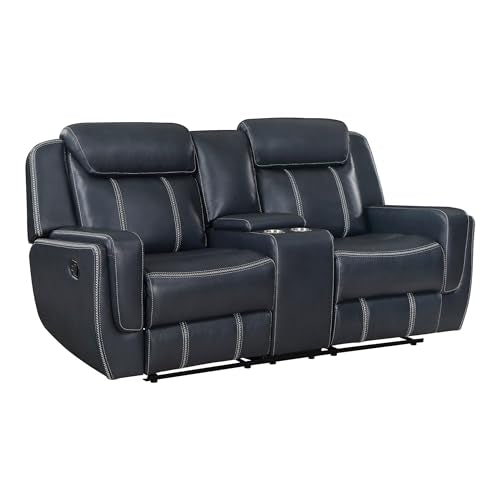 Lexicon Living Room Set - Home Theater Seating, Faux Leather Upholstery Recliner Sofas, Double Recliner, Loveseat, Swivel Glider Chair, 3-Piece Set, Blue Lexicon