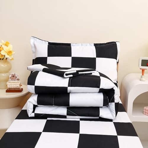 Caressma Checkered Toddler Bedding Set, Classic Black and White Plaid Bed Set, Fluffy Grid Buffalo Plaid 4 Pieces Kids Comforter Bed Set with Comforter, Fitted Sheet, Flat Sheet, Pillowsham Caressma