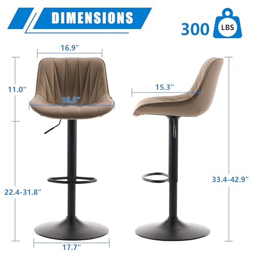 YOUNIKE Bar Stools Set of 2 for Kitchen Island, Khaki Swivel Tall Barstools, Adjustable Bar Stool with Back, Faux Leather Padded Bar Chairs, Modern Counter Height Stools with 300LBS Support YOUNIKE