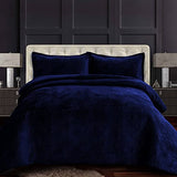 Tribeca Living Oversized Velvet Quilt Set Queen - Buttery Soft 260GSM Velvet Bedding for Luxurious Comfort - Double-Sided Capri Medallion Quilted Design in Rich Navy Blue Tribeca Living
