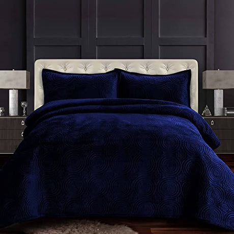 Tribeca Living Oversized Velvet Quilt Set Queen - Buttery Soft 260GSM Velvet Bedding for Luxurious Comfort - Double-Sided Capri Medallion Quilted Design in Rich Navy Blue Tribeca Living