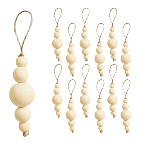 Sage in Thyme Boho Christmas Tree Ornaments Rustic Wooden Beads Natural Modern Minimalist Xmas Decorative for Home Decor Christmas Tree Bohemian Holiday Set of 12 (Wood Natural) sage in thyme