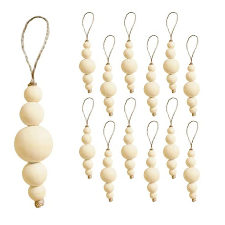 Sage in Thyme Boho Christmas Tree Ornaments Rustic Wooden Beads Natural Modern Minimalist Xmas Decorative for Home Decor Christmas Tree Bohemian Holiday Set of 12 (Wood Natural) sage in thyme