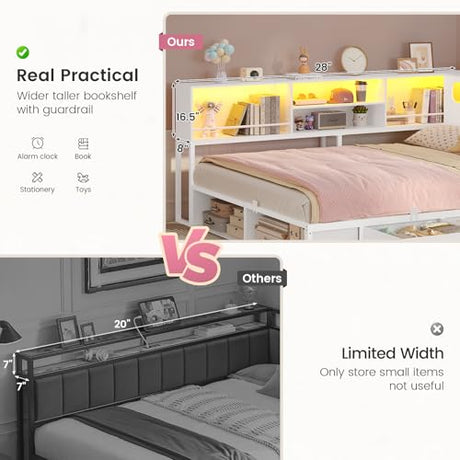 ADORNEVE Corner Bed Frame Full Size with Bookcase Storage & RGB Lights, Charging Station, Metal Daybed with 3 Drawers & 2 Open Cubbies, for Teens, Small Space, White ADORNEVE
