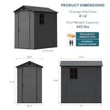 Greesum 4×6FT Plastic Outdoor Storage Shed with Floor, Resin Storaged Sheds with Lockable Door, Window & Vent, All-Weather Tool Sheds for Garden, Backyard, Patio, Dark Gray (One-Piece Panel) Greesum