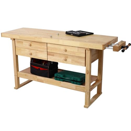 60" Solid Wood Workbench with 4 Drawers and Lower Shelf, Durable Rubberwood Wooden Workbench for Garage, Woodworking Carpenter Workshop and Home Natural Finish 330 lbs Capacity - WoodArtSupply