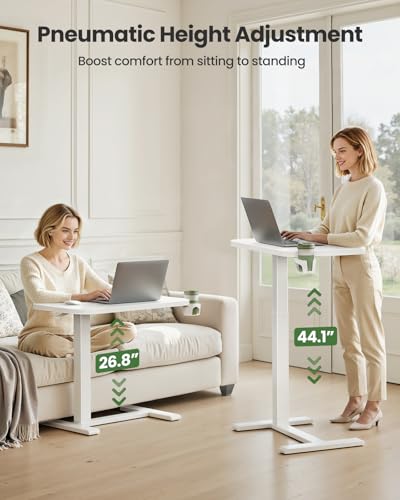 Marsail 28×16" Overbed Table with Wheels and 360° Cup Holder, Height-Adjustable Pneumatic Bedside Table, Mobile Computer Standing Desk for Home Office, White Marsail
