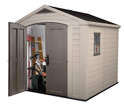 Keter Factor 8x8 Foot Large Resin Outdoor Shed with Floor for Patio Furniture, Lawn Mower, and Bike Storage, Taupe & Brown Keter