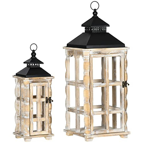 HOMCOM 2 Pack 31"/22" Large Rustic Lantern Decorative, Hanging Wooden Metal Indoor/Outdoor Lantern for Home Decor (No Glass), Black and Distressed Natural Wood Color HOMCOM