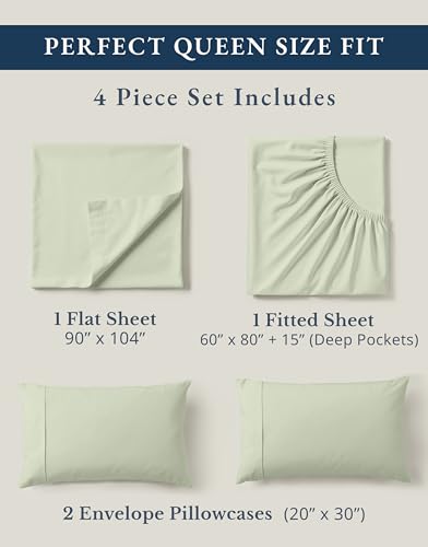 LANE LINEN 100% Organic Cotton Sheets Queen Size Bed Set, Machine Wash Eco Friendly Sustainably Produced Cotton Queen Sheet Set, Soft & Comfy Long Stabple Naturally Cooling Sheets– Mineral LANE LINEN