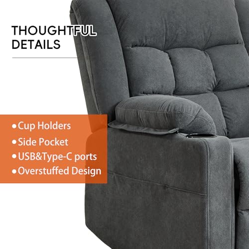 Ketaiyou Electric Power Lift Recliner Chair Sofa with Massage and Heat for Elderly, USB and Type-C Ports, Cup Holders, Infinite Position (Dark Grey, Regular)