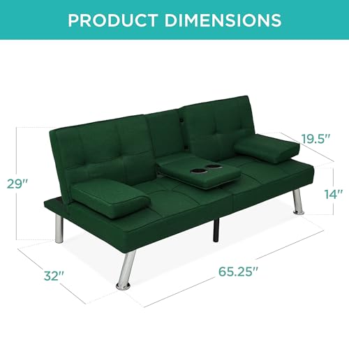Best Choice Products Linen Modern Folding Futon, Reclining Sofa Bed for Apartment, Dorm w/Removable Armrests, 2 Cupholders - Dark Green Best Choice Products