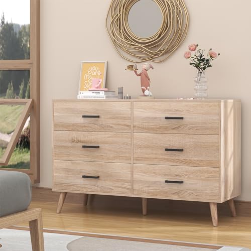Bigbiglife Wood Dresser for Bedroom, 6 Drawer Dresser with Metal Handles, Mid Century Modern Dresser Double Chest of Drawer (Light Oak) Bigbiglife