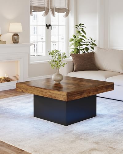 LITTLE TREE Square Coffee Table with LED Lights, 35-inch Living Room Tables, Modern Coffee Tables for Living Room, Brown and Black Wooden Center Table Cocktail Table for Home LITTLE TREE