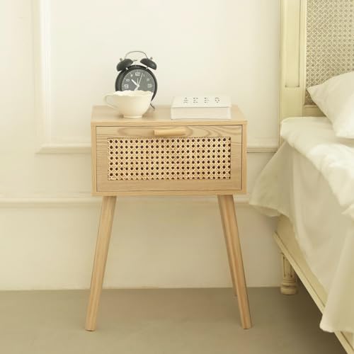 AWASEN Rattan Nightstand, Bedside Table with Rattan Drawer, Wood End Table with Storage and Solid Wood Legs for Bedroom Living Room Small Space (Walnut) AWASEN