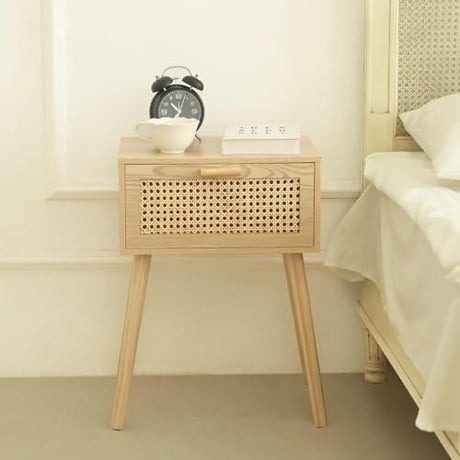 AWASEN Rattan Nightstand, Bedside Table with Rattan Drawer, Wood End Table with Storage and Solid Wood Legs for Bedroom Living Room Small Space (Walnut) AWASEN