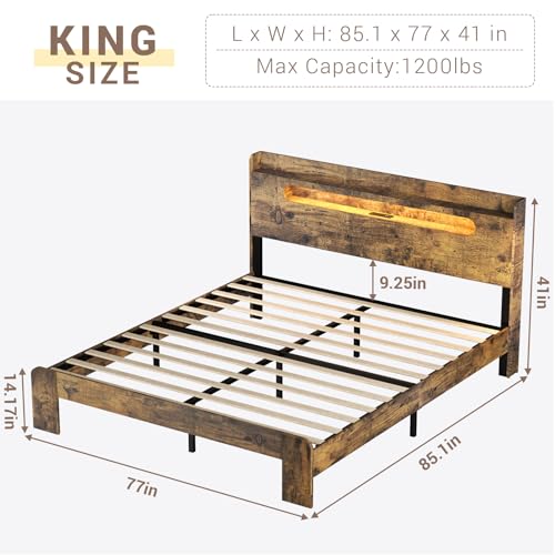 Zevemomo King Size Bed Frame with LED Headboard and Charging Station - WoodArtSupply