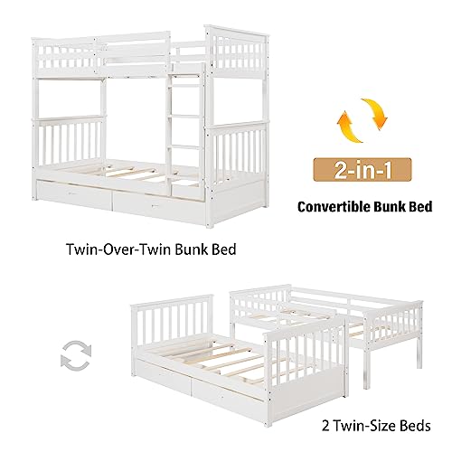 Merax Twin Over Twin Wood Bunk Bed with Storage Drawers in White Merax