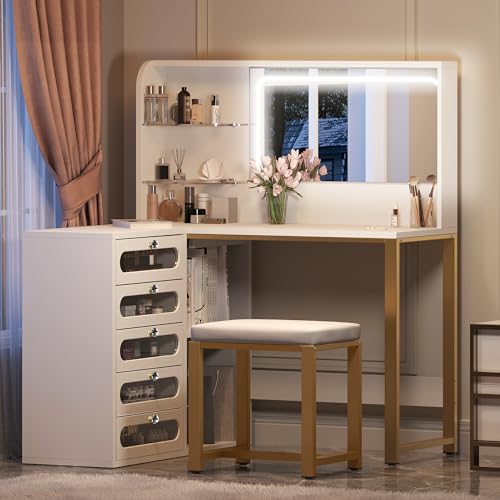 DWVO Corner Makeup Vanity Desk with Lights and Mirror, 48" L Shaped White Vanity Set with Stool, 5 Acrylic Visualized Drawer, Adjustable 3 Lighting Mode, Bedroom Large Dressing Table for Wome - WoodArtSupply