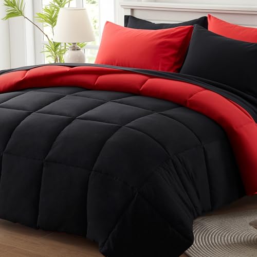 Anluoer King Size Comforter Set 7 Pieces, Reversible Bed in a Bag King Size,Lightweight Bedding Set with 1 Comforter(102*90") , 2 Pillow Shams, 2 Pillowcases, 1 Flat Sheet , 1 Fitted Sheet,Red & Black Anluoer